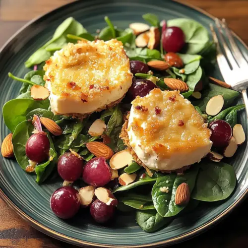 Baked sheep cheese on spinach salad