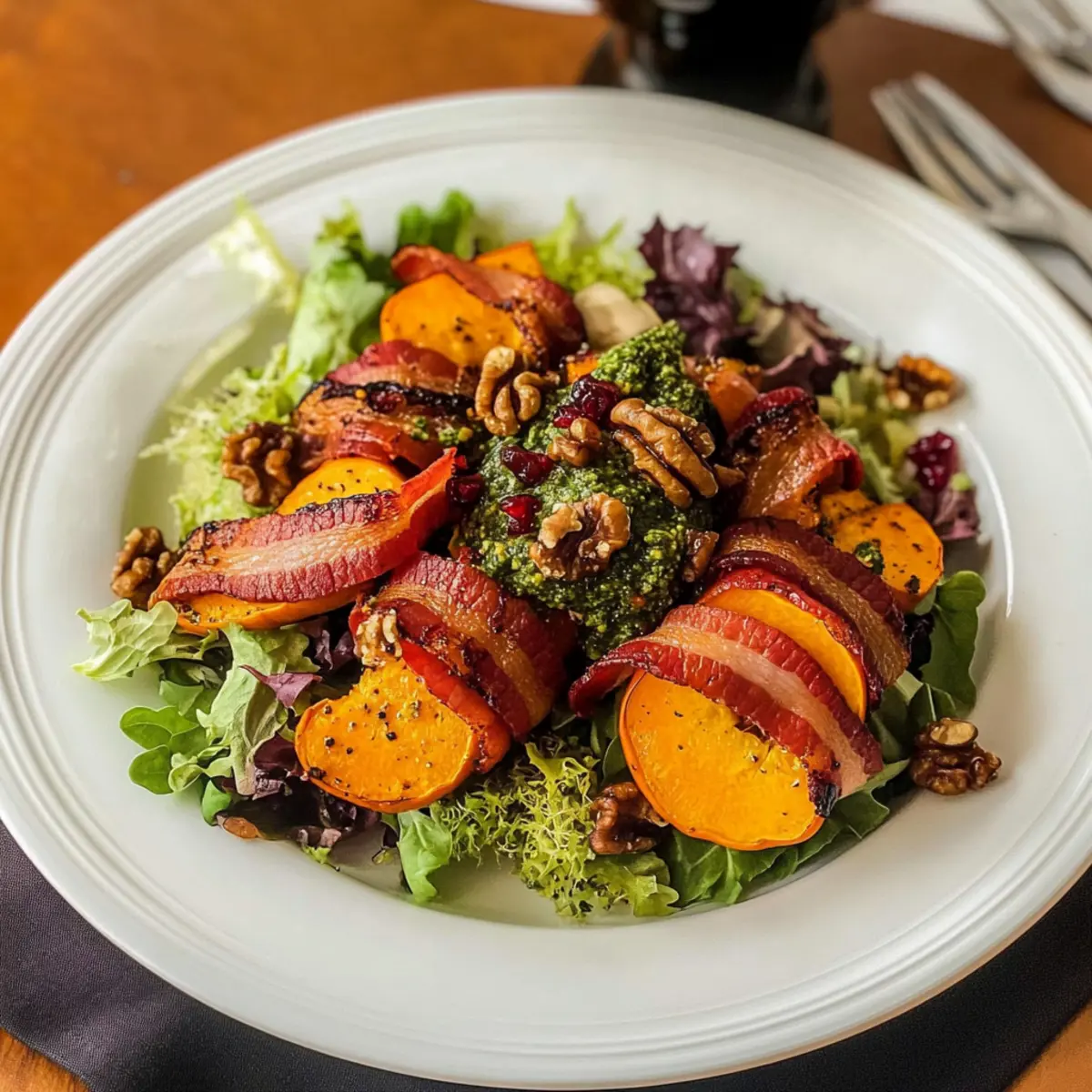 Herbstlicher Salat mit Kürbis im Speck