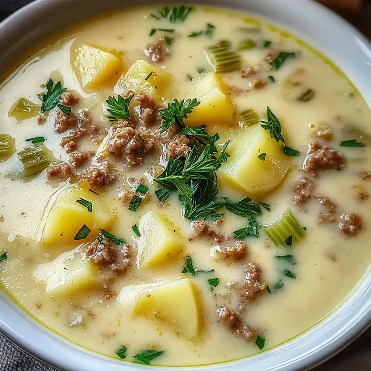 Käse-Lauch-Suppe mit Hackfleisch und Kartoffeln