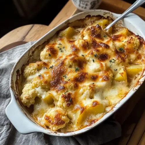 Vegetarischer Blumenkohlauflauf mit Käse überbacken
