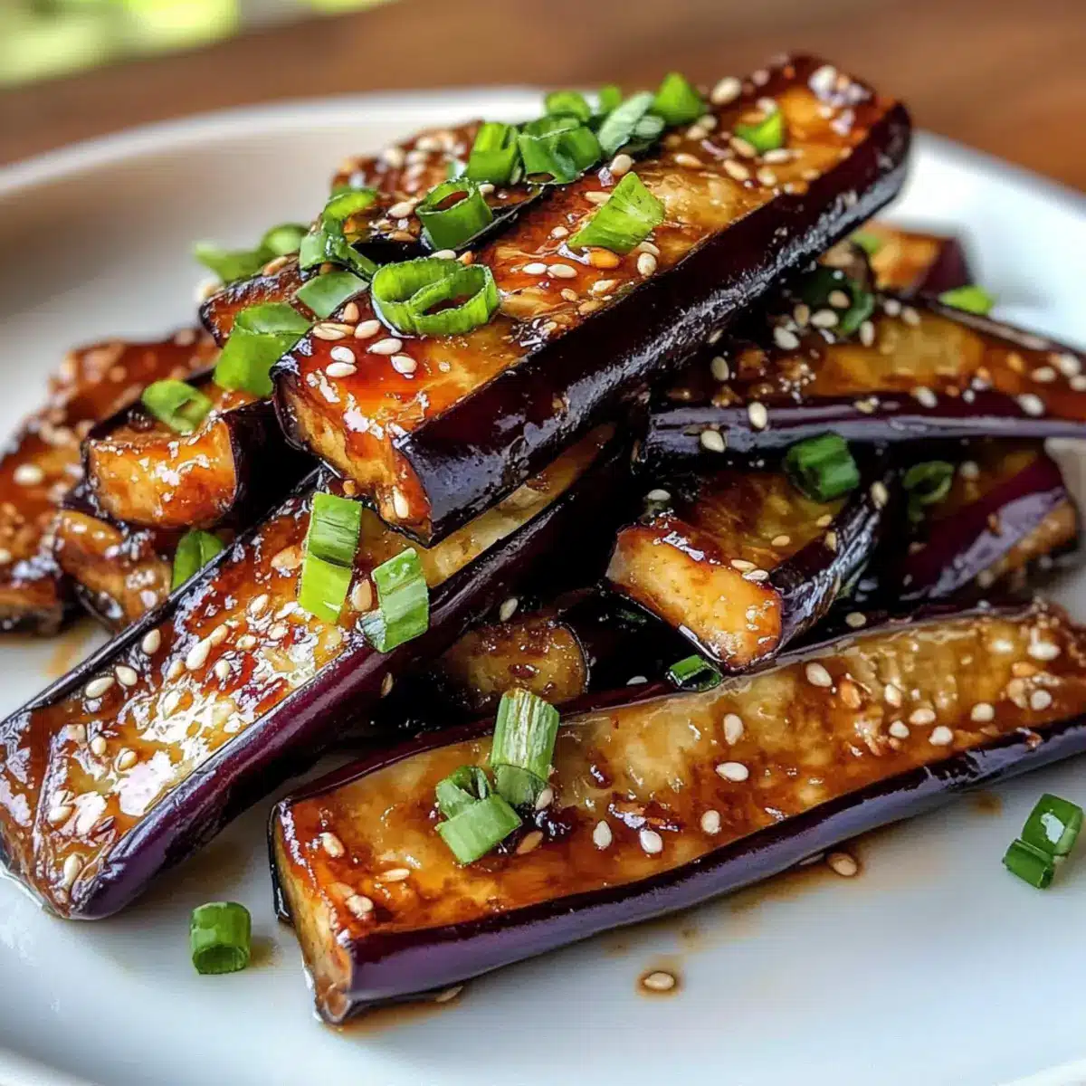 Knusprige Aubergine in Knoblauch-Soja-Glasur geworfen