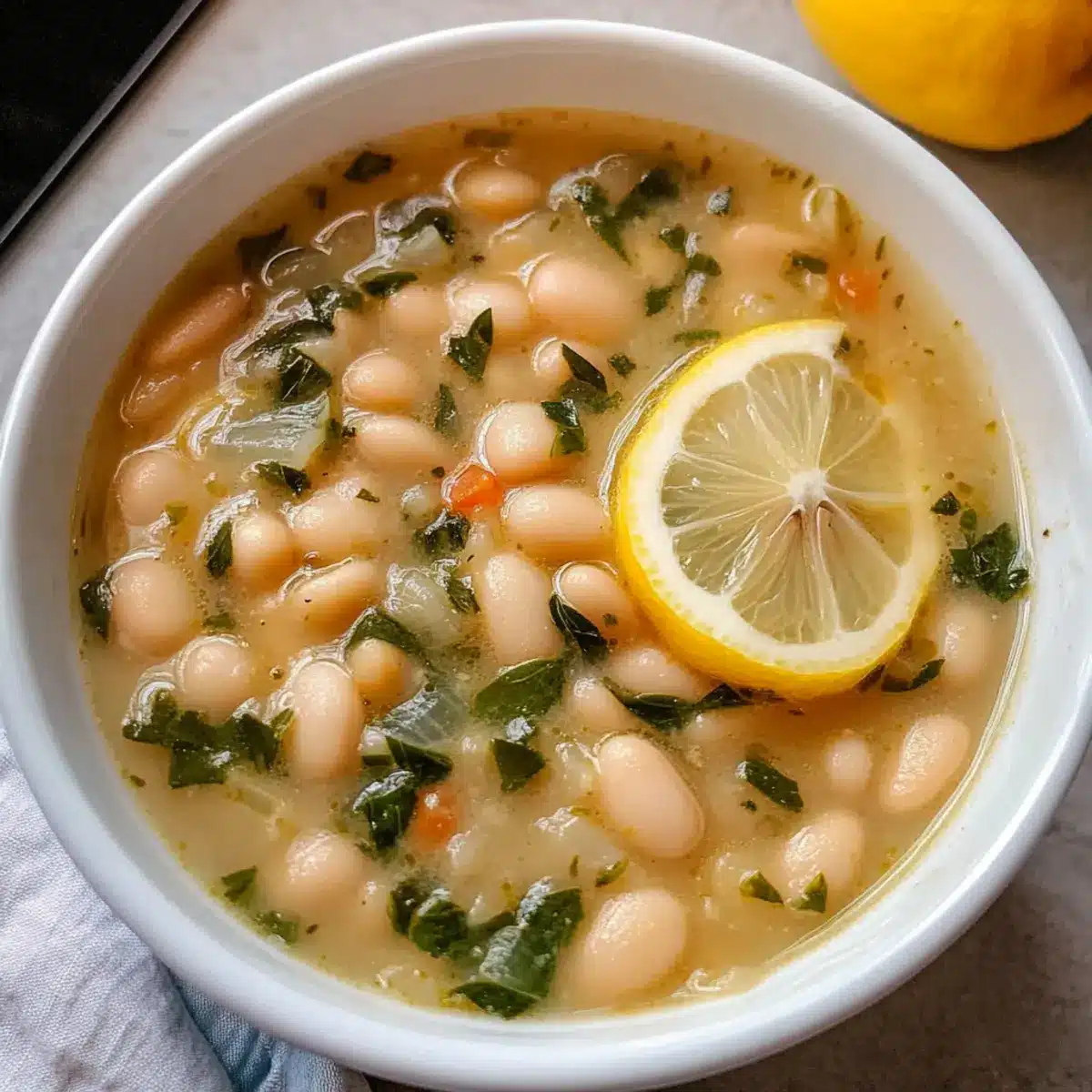 Griechische weiße Bohnensuppe mit Knoblauch und Zitrone